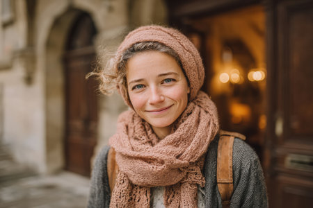 Smiling woman with curly hair, dressed in a cozy scarf and sweater, stands in an urban environment, radiating warmth and friendliness.の素材