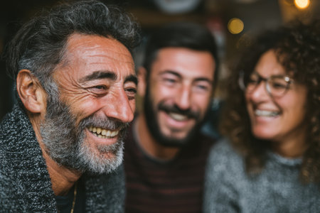 Group of friends sharing joyful moments, laughing together in a warm, inviting indoor environment, showing happiness and connection.の素材
