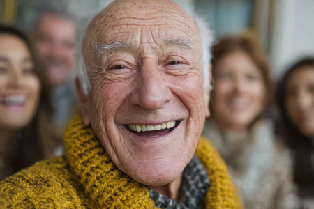 Elderly man with a joyful expression, wearing a cozy sweater, surrounded by friends, capturing a moment of happiness and connection.の素材