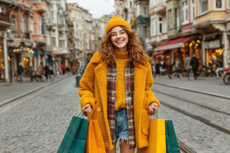 Smiling woman wearing a cozy yellow coat is holding colorful shopping bags while standing on a bustling city street with shops and lights.の素材