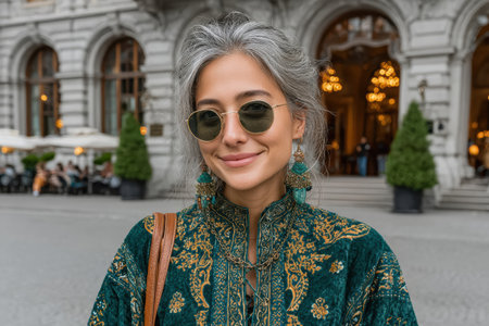 Stylish woman wearing a green patterned dress and sunglasses, smiling confidently in an urban setting with elegant architecture and greenery.の素材