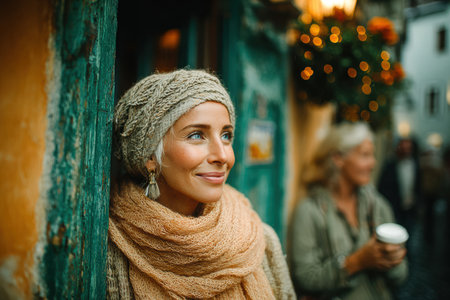 Smiling woman wearing a cozy scarf and hat stands near a colorful building, surrounded by autumn ambiance and warm lighting.の素材