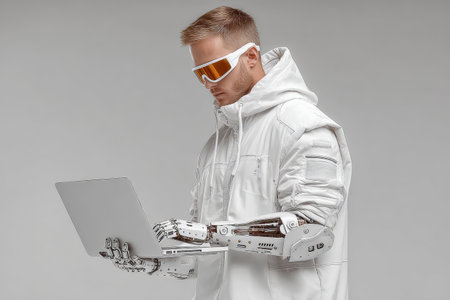 Futuristic individual with a robotic arm is engaged with a laptop, dressed in modern attire, showcasing advanced technology and innovation.の素材