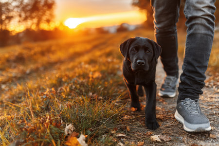 Black dog is walking beside a person on a scenic path, surrounded by autumn foliage and a warm sunset glow, creating a serene atmosphere.の素材