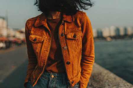 Woman wearing a vibrant orange jacket stands by the waterfront, with a soft sunset glow illuminating the scene and creating a warm atmosphere.の素材
