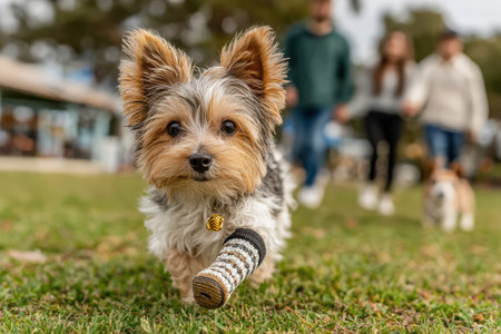 Small dog wearing a sock is walking on green grass, with blurred figures of people strolling in the background, creating a lively atmosphere.の素材