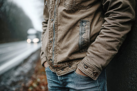 Man wearing a brown jacket stands by the roadside in rainy weather, with a blurred vehicle passing in the background, creating a moody atmosphere.の素材