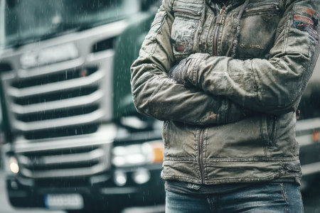 Man wearing a rugged jacket stands confidently with arms crossed in front of a large truck, rain falling around him, showing strength and resilience.の素材