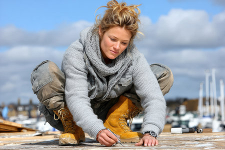Female construction worker is measuring wood on an outdoor site, surrounded by tools and equipment, showcasing dedication and craftsmanship.の素材