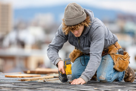 Young male construction worker is using a power tool while working on a rooftop, showing dedication and skill in a construction project.の素材