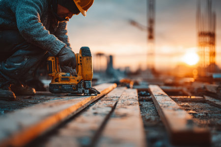 Construction worker is using a power tool on wooden beams, with a beautiful sunset illuminating the construction site, showcasing hard work and dedication.の素材
