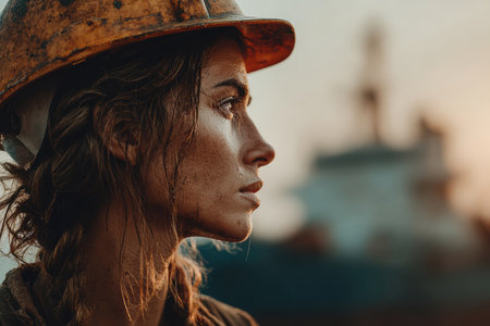 Female construction worker wearing a hard hat, gazing thoughtfully at the worksite, showcasing determination and resilience in her profession.の素材