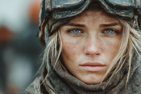 Female soldier displays an intense gaze while wearing protective gear and goggles, showcasing determination and resilience in a rugged environment.の素材