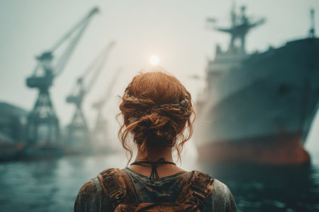 Woman stands by water, observing an industrial harbor with cranes and ships shrouded in fog, creating a serene yet powerful atmosphere.の素材