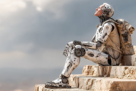 Futuristic humanoid robot is sitting on stone steps, gazing upwards with a serene expression, showing advanced technology and design features.の素材