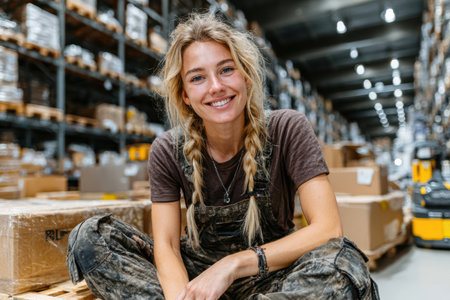 Smiling woman in overalls is sitting on the floor of a warehouse surrounded by stacked packages, showcasing a friendly and hardworking atmosphere.の素材