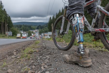 Individual with a prosthetic leg is riding a bicycle along a scenic mountain road, surrounded by trees and a distant town, showcasing resilience and adventure.の素材