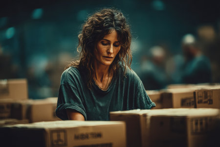 Woman is carefully organizing boxes in a warehouse, surrounded by soft lighting and a sense of concentration, showing dedication to her task.の素材