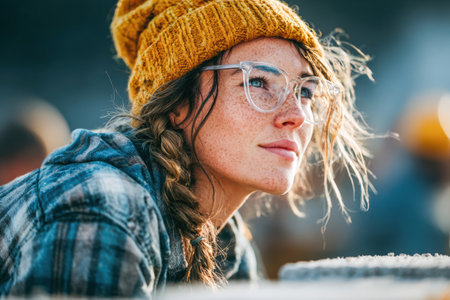 Young woman wearing glasses and a yellow beanie, gazing thoughtfully outdoors, with a soft focus background creating a serene atmosphere.の素材