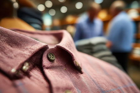 Close-up view of a stylish shirt collar, showcasing fabric texture and button details, with a blurred retail environment in the background.の素材
