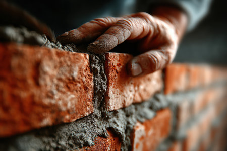 Skilled craftsman is laying bricks with mortar, showcasing craftsmanship and attention to detail in a construction project with textured materials.の素材
