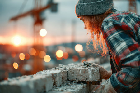 Construction worker is laying bricks on a building site at sunset, with a blurred city skyline and cranes creating a dynamic atmosphere.の素材