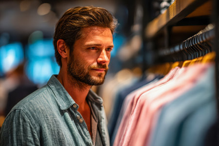 Man is browsing through a selection of colorful shirts in a retail store, showcasing a relaxed shopping atmosphere.の素材
