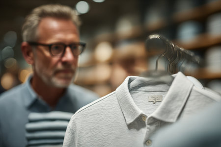 Mature man is browsing clothing in a retail store, surrounded by neatly arranged garments and soft lighting, creating a warm shopping atmosphere.の素材
