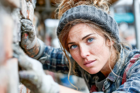 Skilled female mason is working on a brick wall, showcasing her craftsmanship and dedication to the construction project with a focused expression.の素材