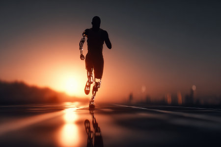 Futuristic robotic figure is sprinting towards a vibrant sunset, with a blurred city skyline in the background, showcasing speed and innovation.の素材