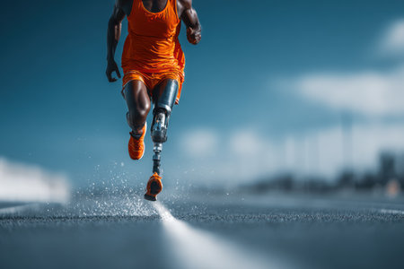 Athlete with a prosthetic leg is sprinting on a track, showing casing strength and determination, with a blurred background emphasizing speed and motion.の素材