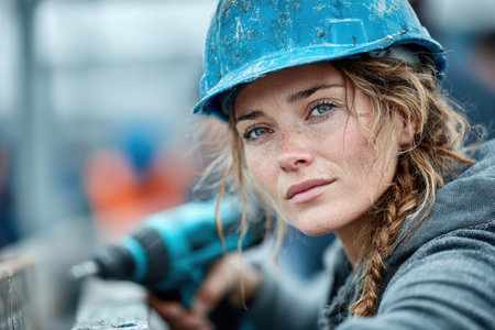 Female construction worker is intently focused on her project, holding a power tool, showcasing determination and skill in a dynamic work environment.の素材