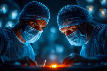 Surgeons are intensely focused on a complex procedure in an operating room, surrounded by bright surgical lights and advanced medical equipment.の素材