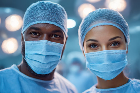 Medical professionals in surgical masks, standing together in an operating room, showcasing teamwork and dedication in healthcare settings.の素材