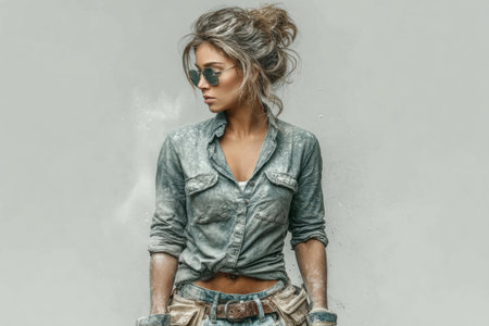 Female construction worker stands confidently in a dusty shirt and sunglasses, showing strength and determination in a professional environment.の素材