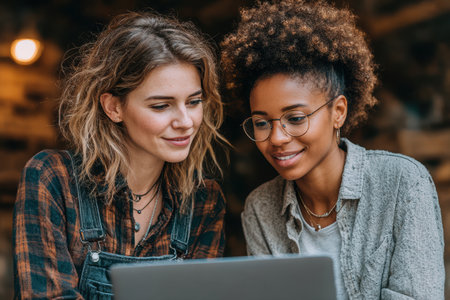 Two women are collaborating on a laptop in a cozy indoor setting, surrounded by warm lighting and a relaxed atmosphere, showcasing teamwork and creativity.の素材