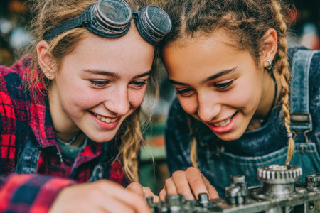 Two girls are engaged in a mechanical project, examining tools and components together, showcasing teamwork and enthusiasm for learning.の素材
