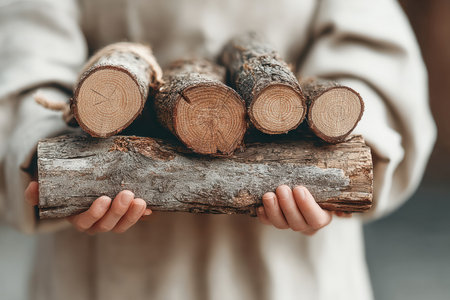 Individual is holding a collection of stacked logs, showing natural wood textures and warm tones, creating a cozy and inviting atmosphere.の素材