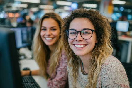 Two cheerful women are collaborating in a bright office space, showing teamwork and creativity, with computers and workstations in the background.の素材