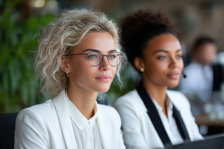 Two professional women in an office environment, engaged in teamwork, showcasing concentration and collaboration in a modern workspace.の素材