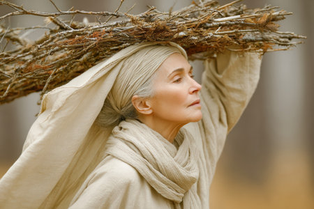 Elderly woman with gray hair carries a bundle of branches on her head, dressed in natural fabrics, surrounded by a tranquil forest atmosphere.の素材