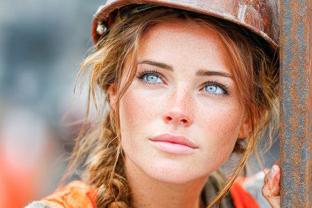 Female construction worker, wearing a hard hat, gazes thoughtfully at the construction site, showcasing determination and focus in her role.の素材