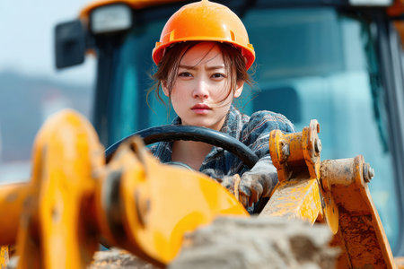Female construction worker is operating heavy machinery with a focused expression, showcasing determination and skill in an outdoor environment.の素材
