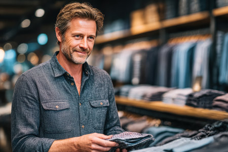 Man is browsing clothing in a contemporary retail store, surrounded by neatly arranged garments and a stylish shopping atmosphere.の素材