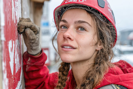Female rock climber wearing a helmet, is focused on a rock wall, showcasing determination and skill in an outdoor adventure setting.の素材