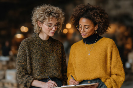 Two women are collaborating on a project, sharing ideas with a notepad in a warm, inviting workspace filled with soft lighting and textures.の素材