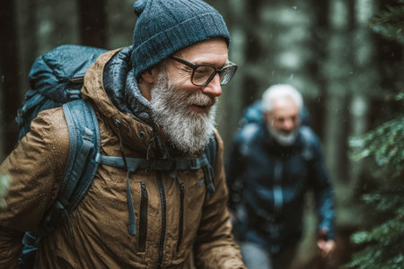 Elderly man with a beard is hiking along a forest trail, wearing winter gear and carrying a backpack, enjoying the natural surroundings.の素材