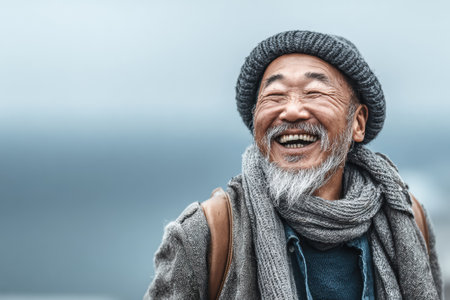 Joyful elderly man is smiling warmly while wearing cozy winter attire, showcasing happiness and warmth in an outdoor setting.の素材