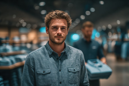 Young man wearing a casual shirt stands confidently in a clothing store, surrounded by neatly arranged merchandise and soft lighting.の素材