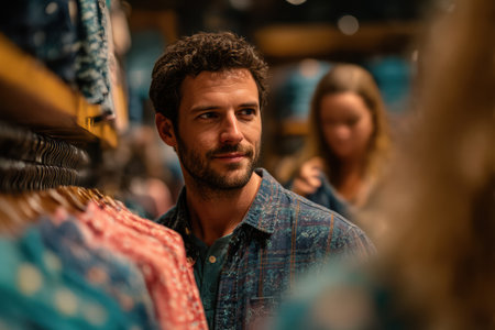 Man is shopping for clothing in a retail store, surrounded by colorful garments on display, showing a casual shopping experience.の素材